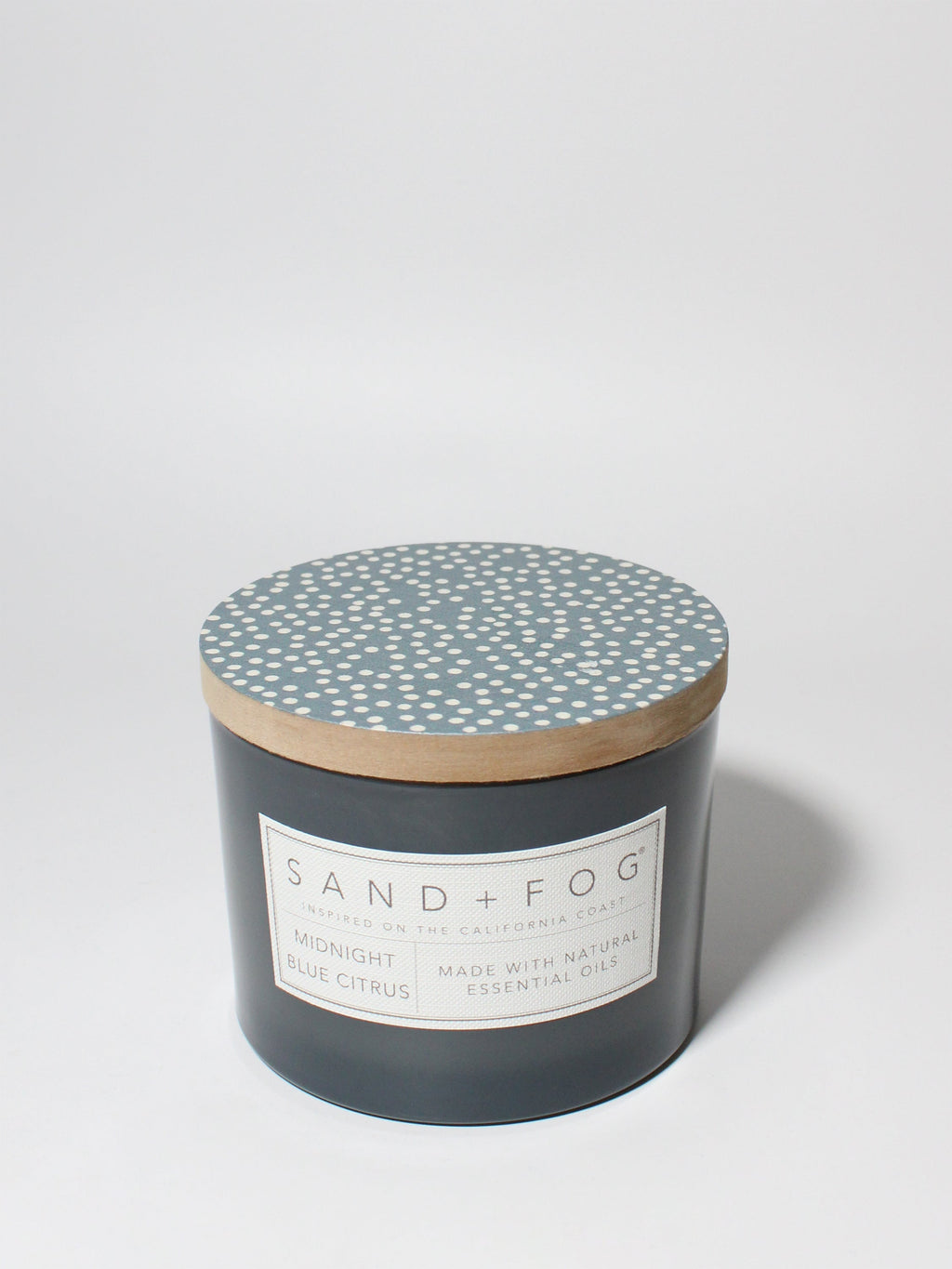 Midnight Blue Citrus 12 oz scented candle Blueish Gray vessel with Painted Dot lid